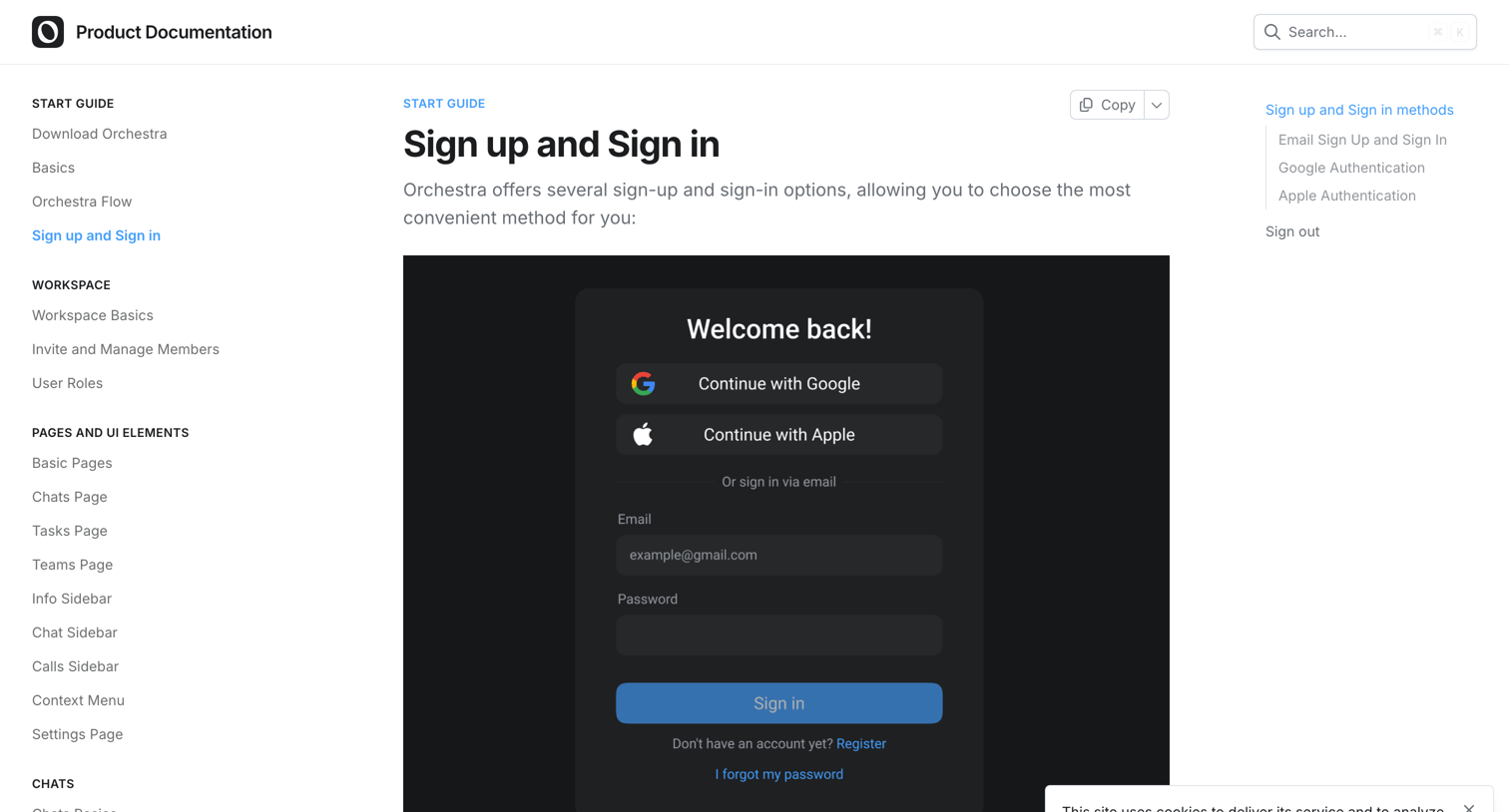 Orchestra - Sign up and Sign in  Product Documentation screen