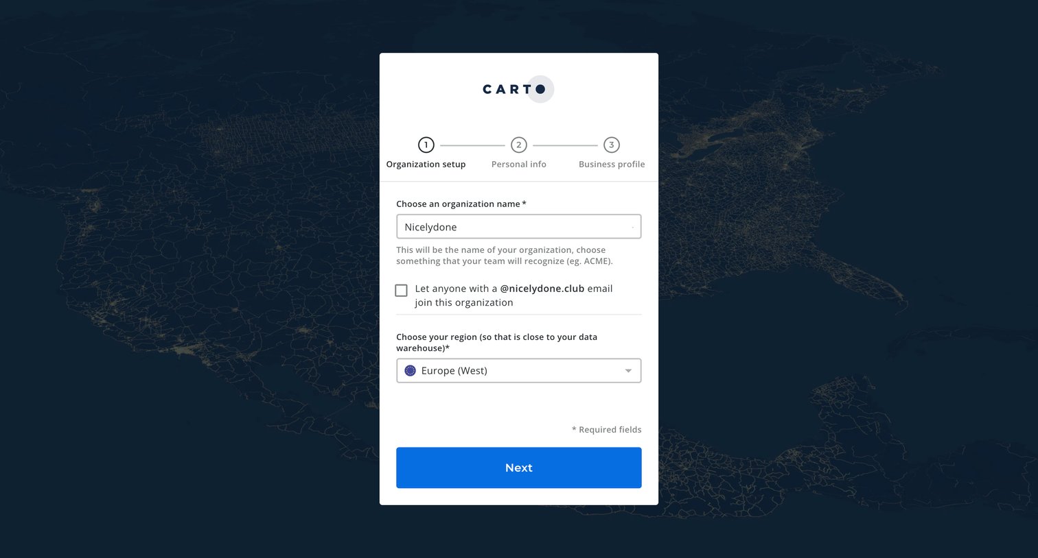Carto - CARTO Accounts screen