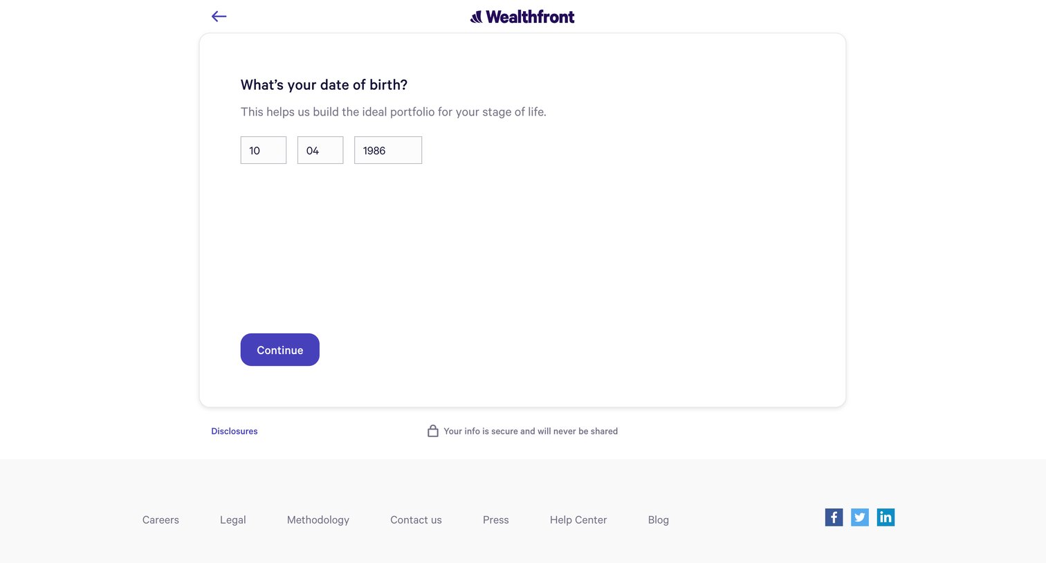 Wealthfront - Birthdate Question - Open Account - Wealthfront screen