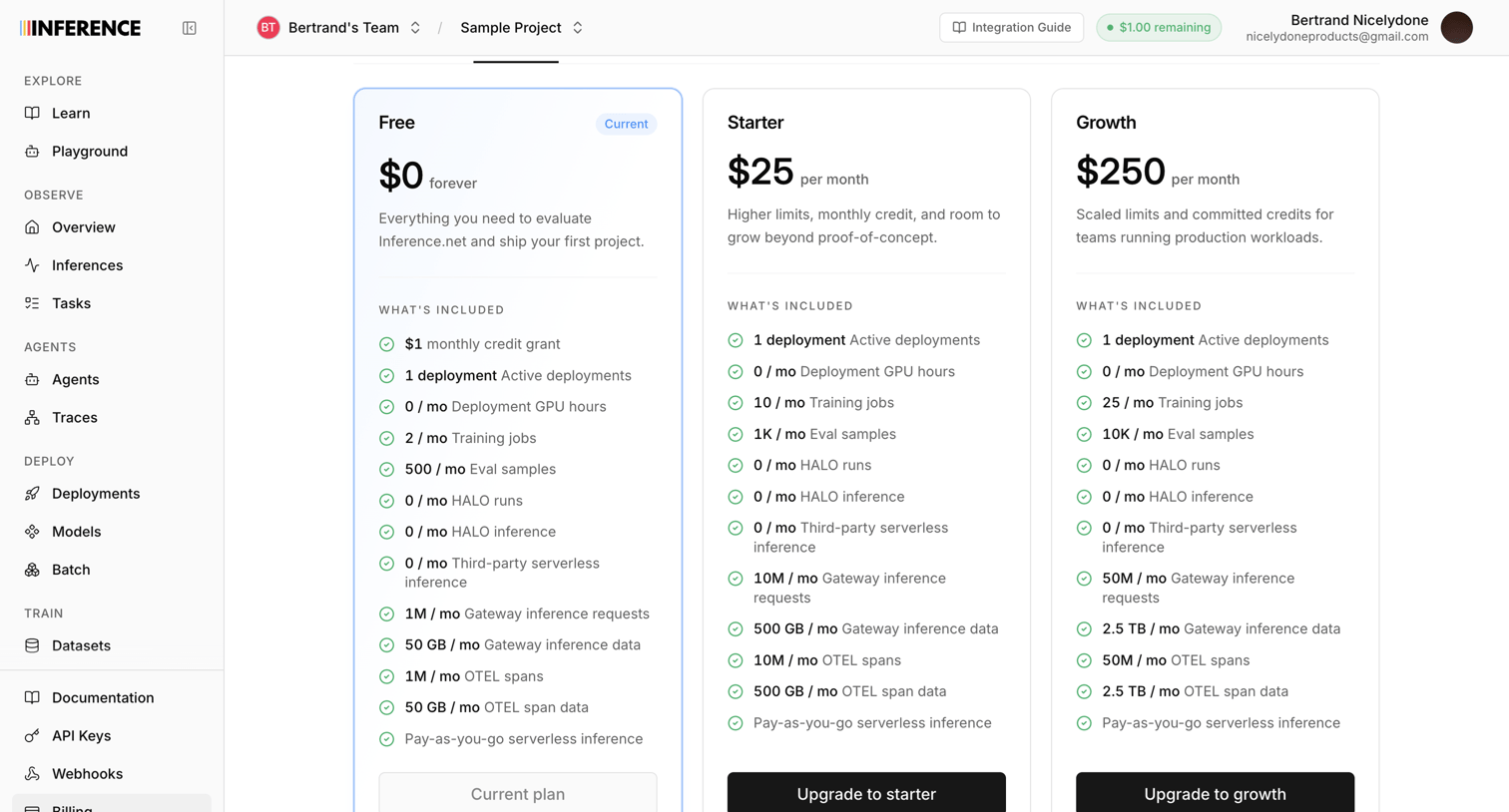 Inference - Dashboard | inference.net screen