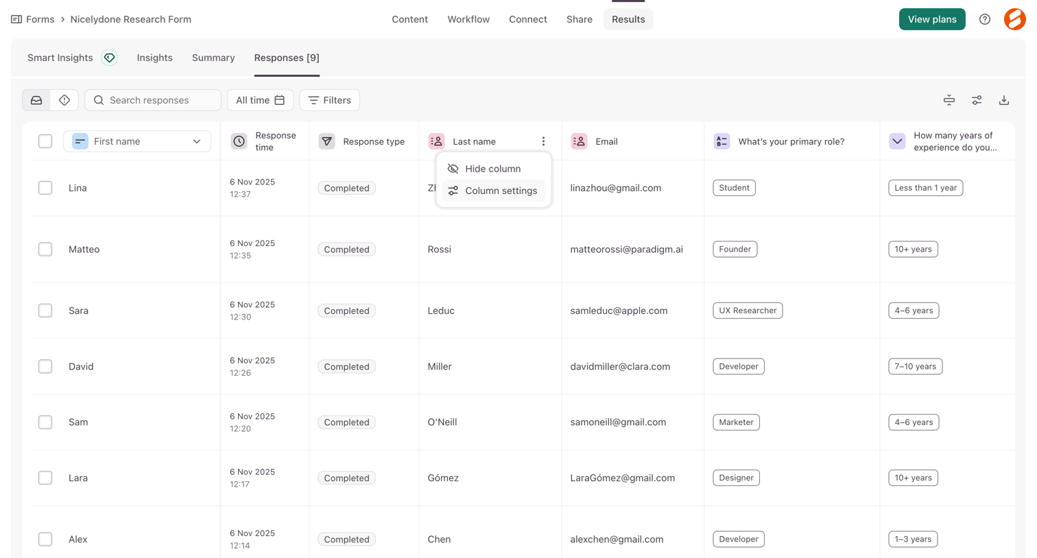 Typeform - Typeform - Results Table screen