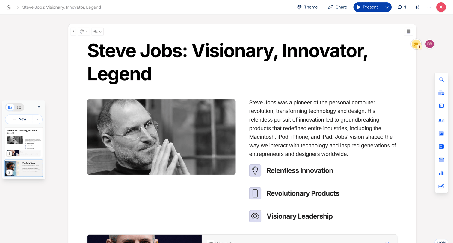 Gamma - Steve Jobs Visionary, Innovator, Legend | Gamma screen