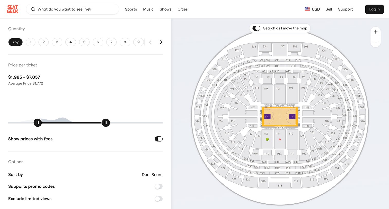 SeatGeek - Preseason Bucks at Lakers Tickets in Los Angeles Crypto.com Arena screen