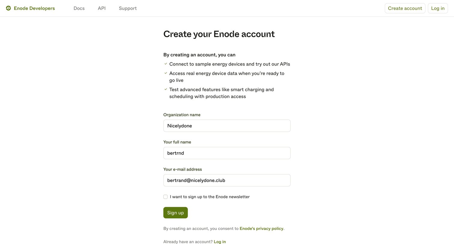 Enode - Create account | Enode Developers screen
