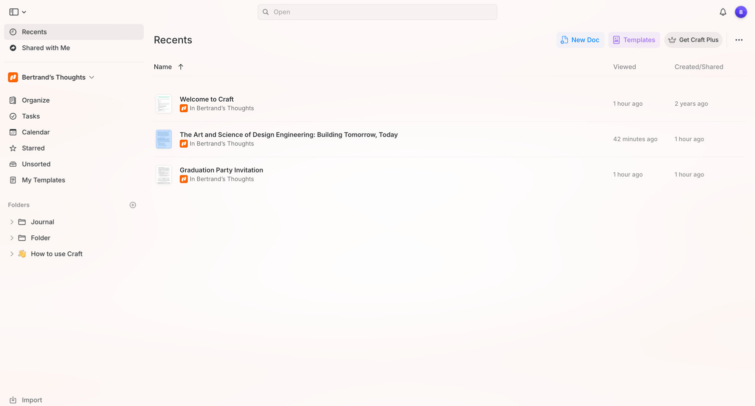 Craft - Recents screen