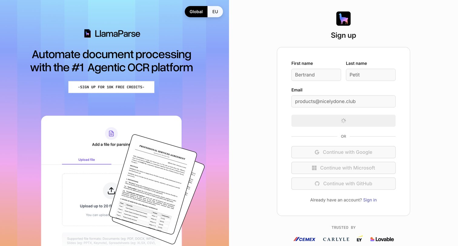 Llamaindex - Sign up screen