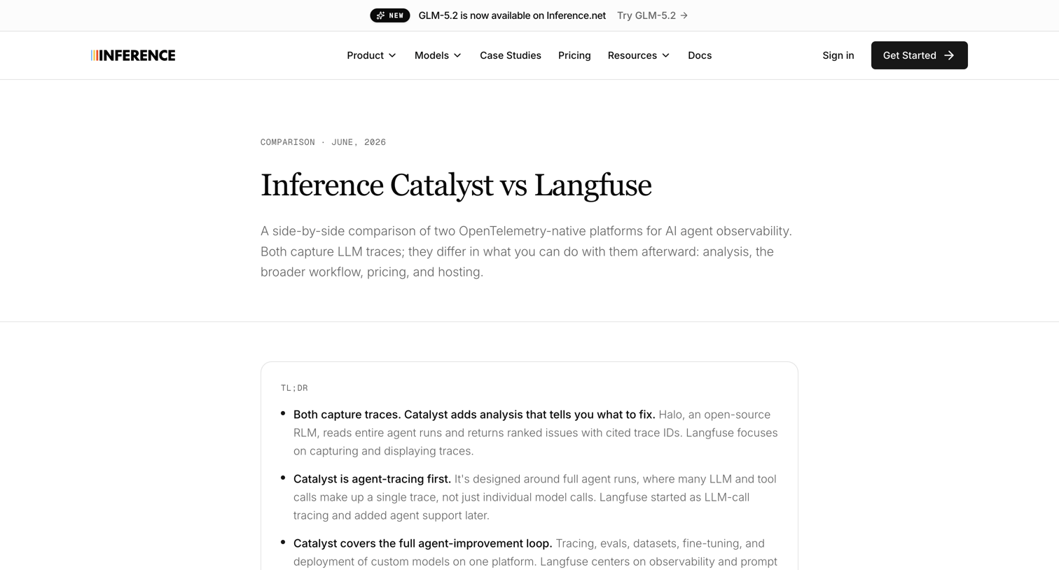 Inference - Inference Catalyst vs Langfuse | Inference.net screen