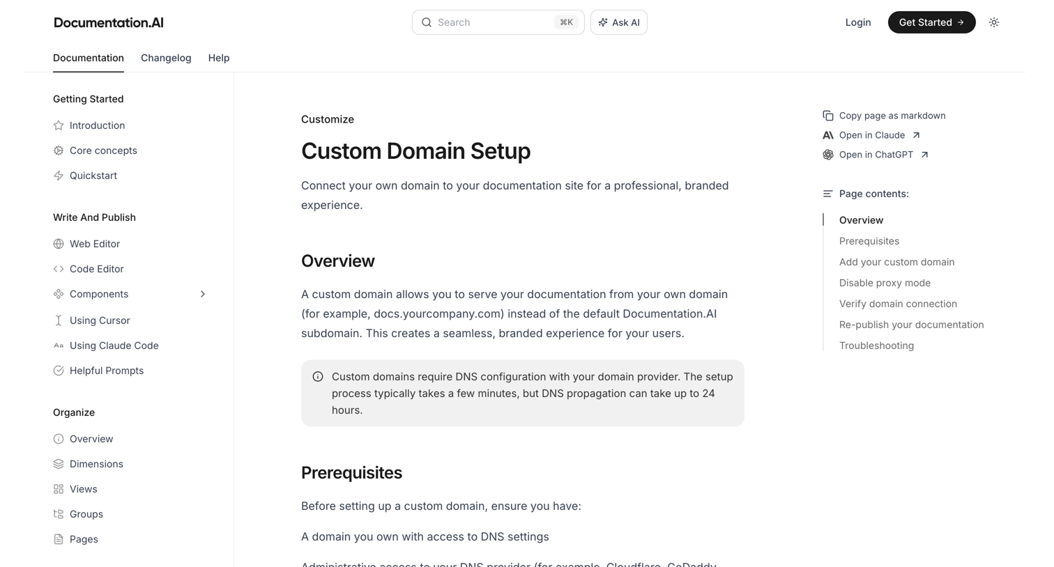 Documentation.AI - Custom Domain Setup - Documentation.AI screen