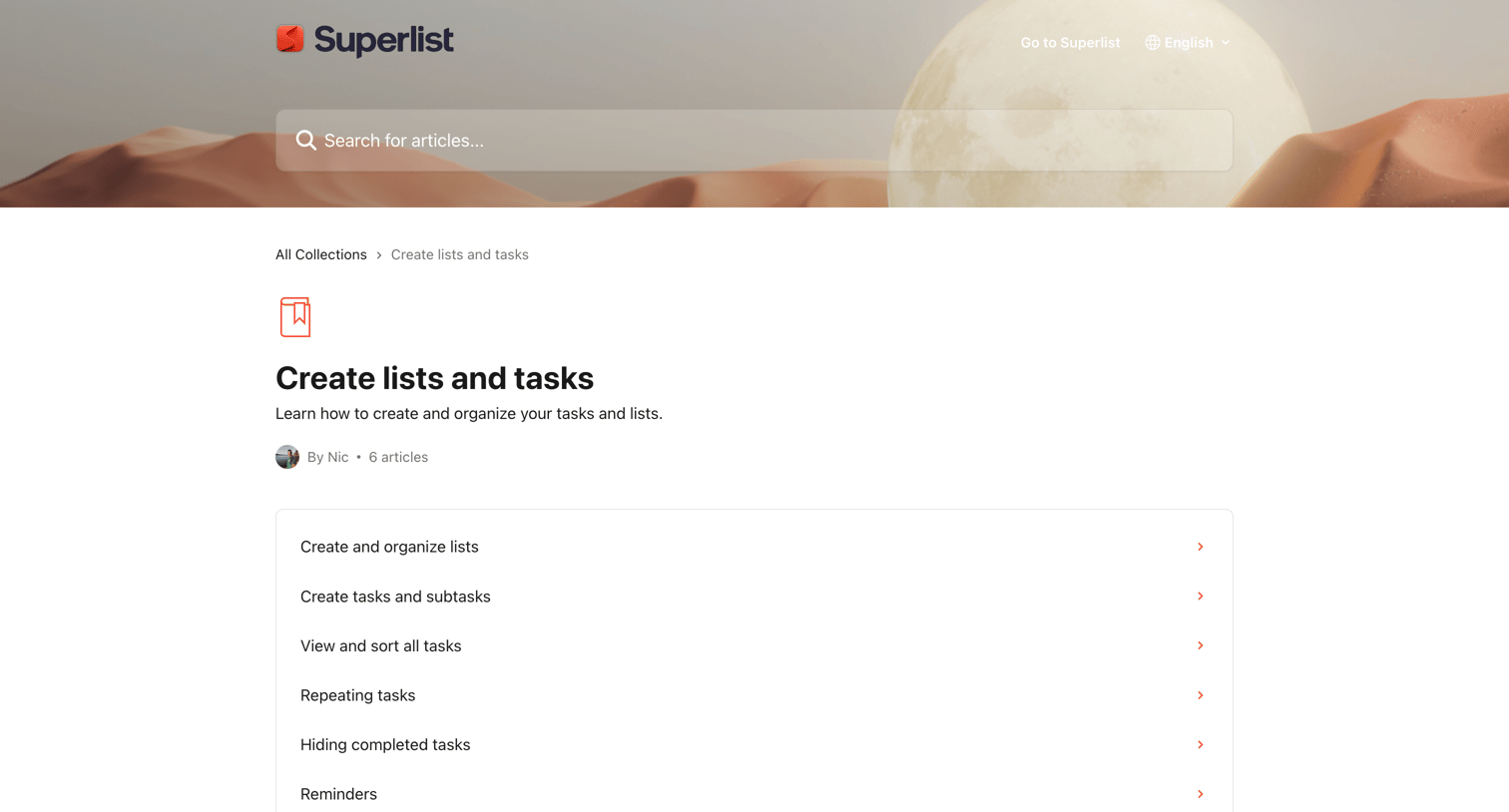 Superlist - Create lists and tasks | Superlist Help Center screen