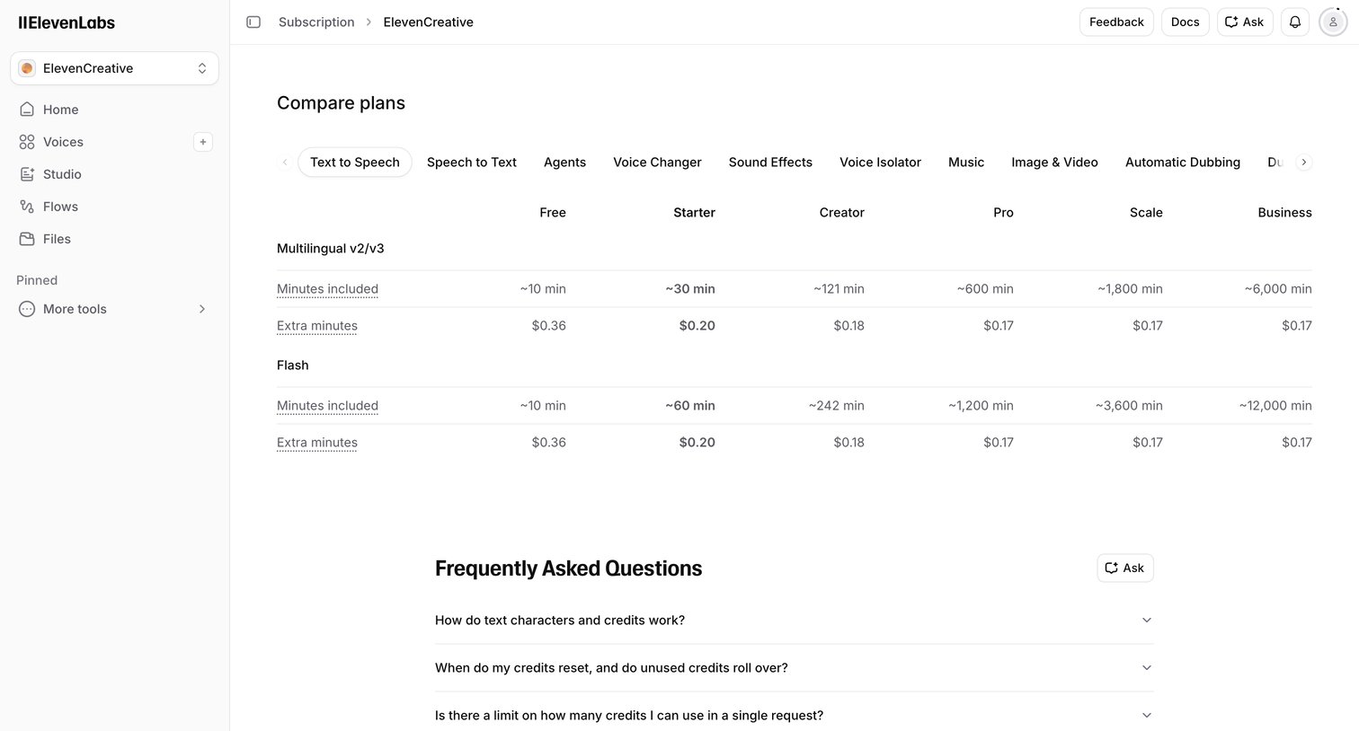 Elevenlabs - Subscription | ElevenLabs screen