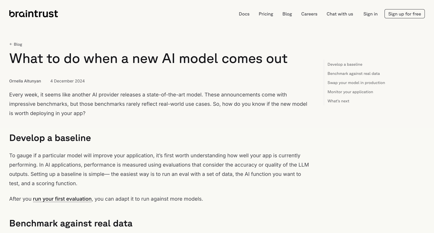 Braintrust - What to do when a new AI model comes out - Blog - Braintrust screen