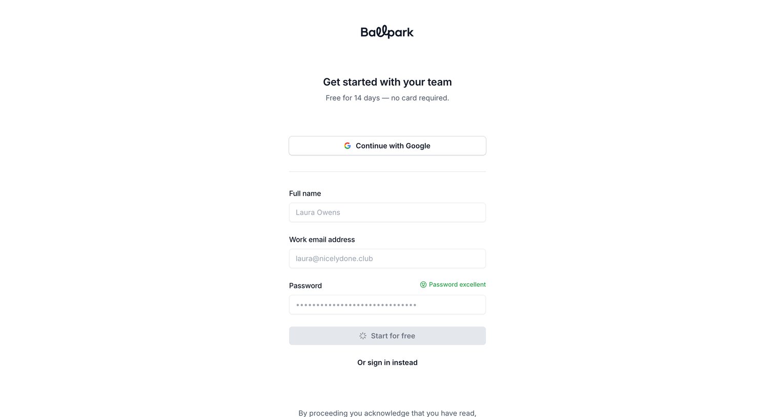 Ballpark - Sign up | Ballpark screen