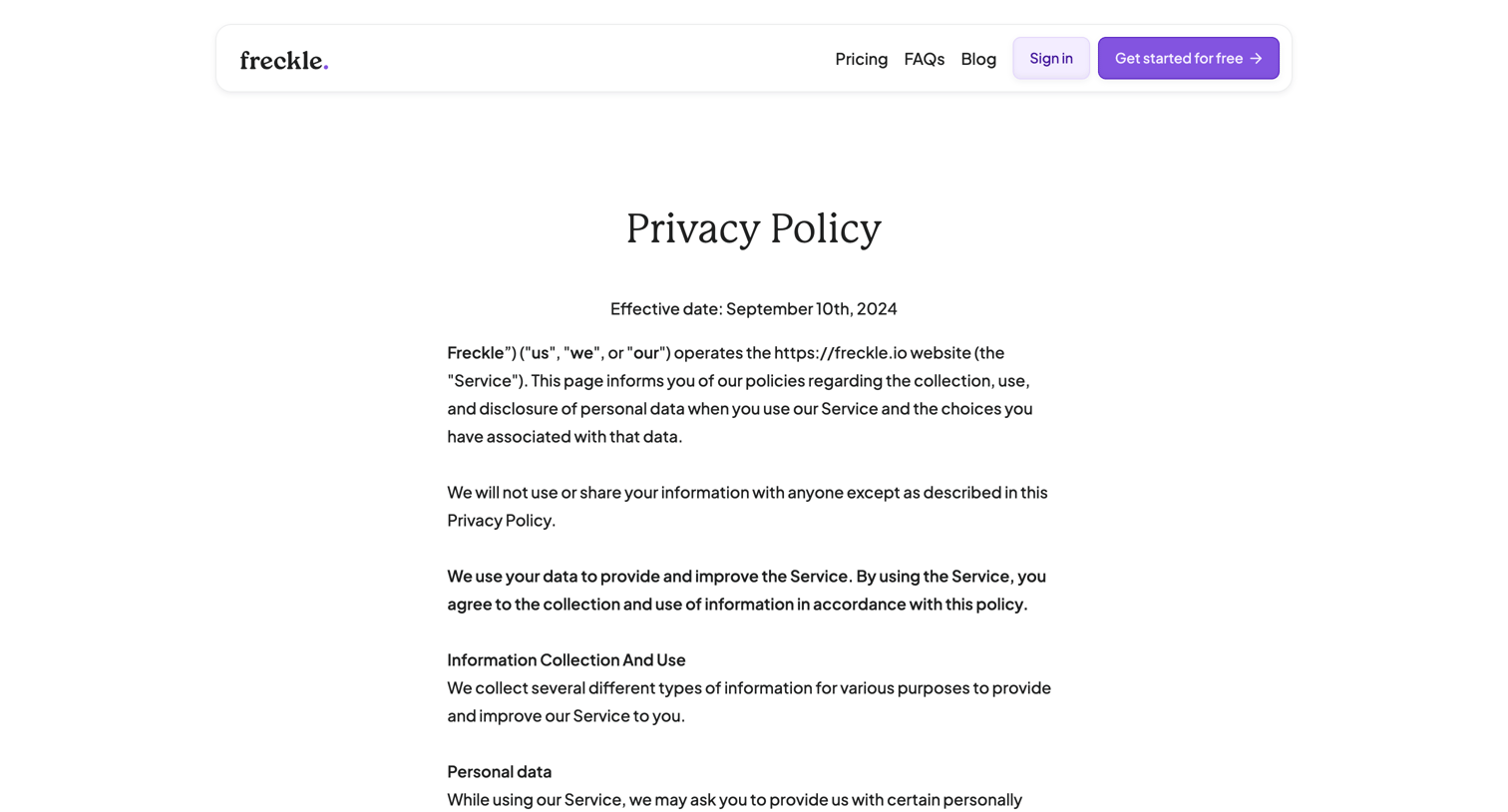 Freckle - Freckle – Privacy Policy screen
