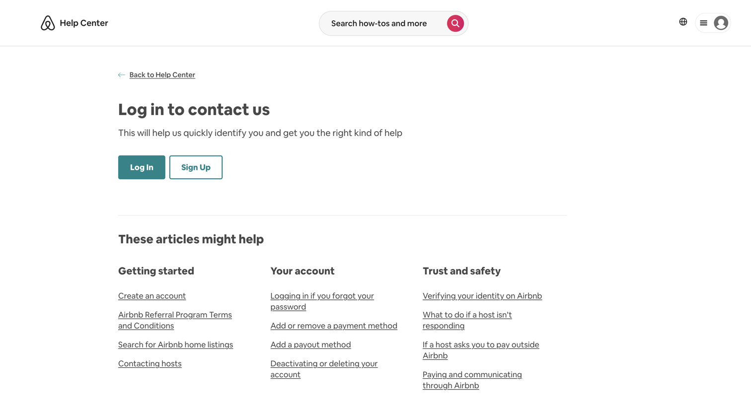 Airbnb - Contact us screen