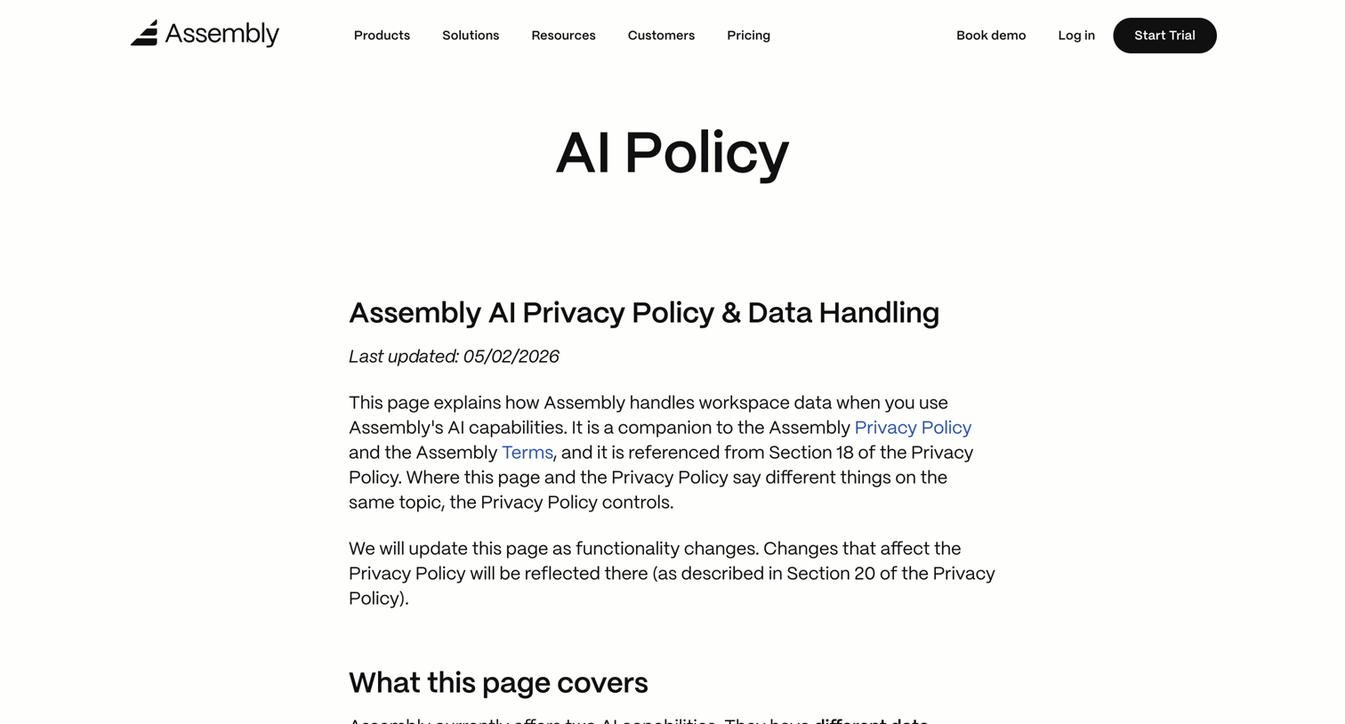 Assembly AI App Builder - Assembly AI Privacy & Data Handling Policy screen