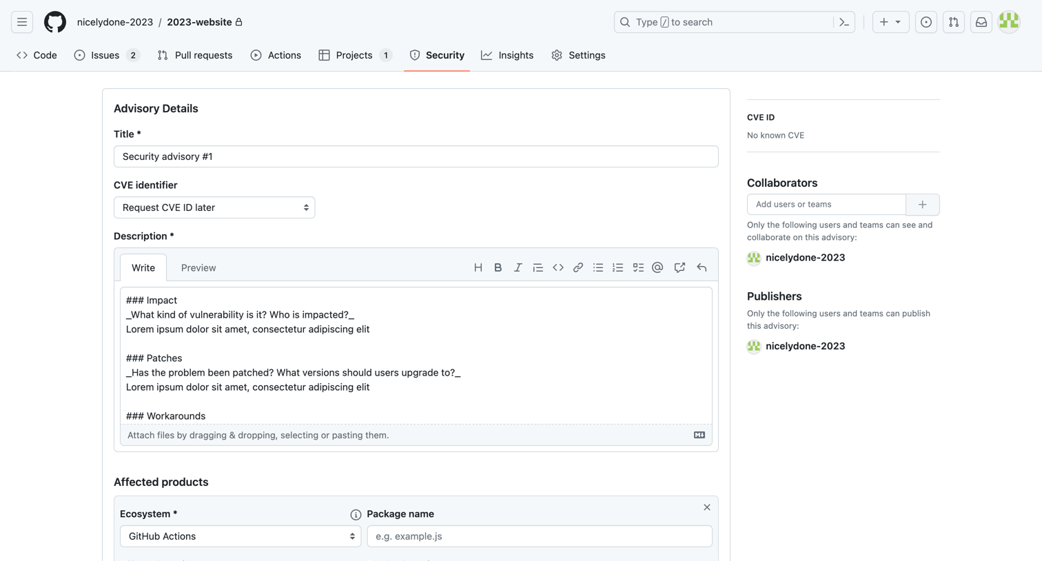 Github - Security advisory 1 · Advisory · nicelydone-20232023-website screen