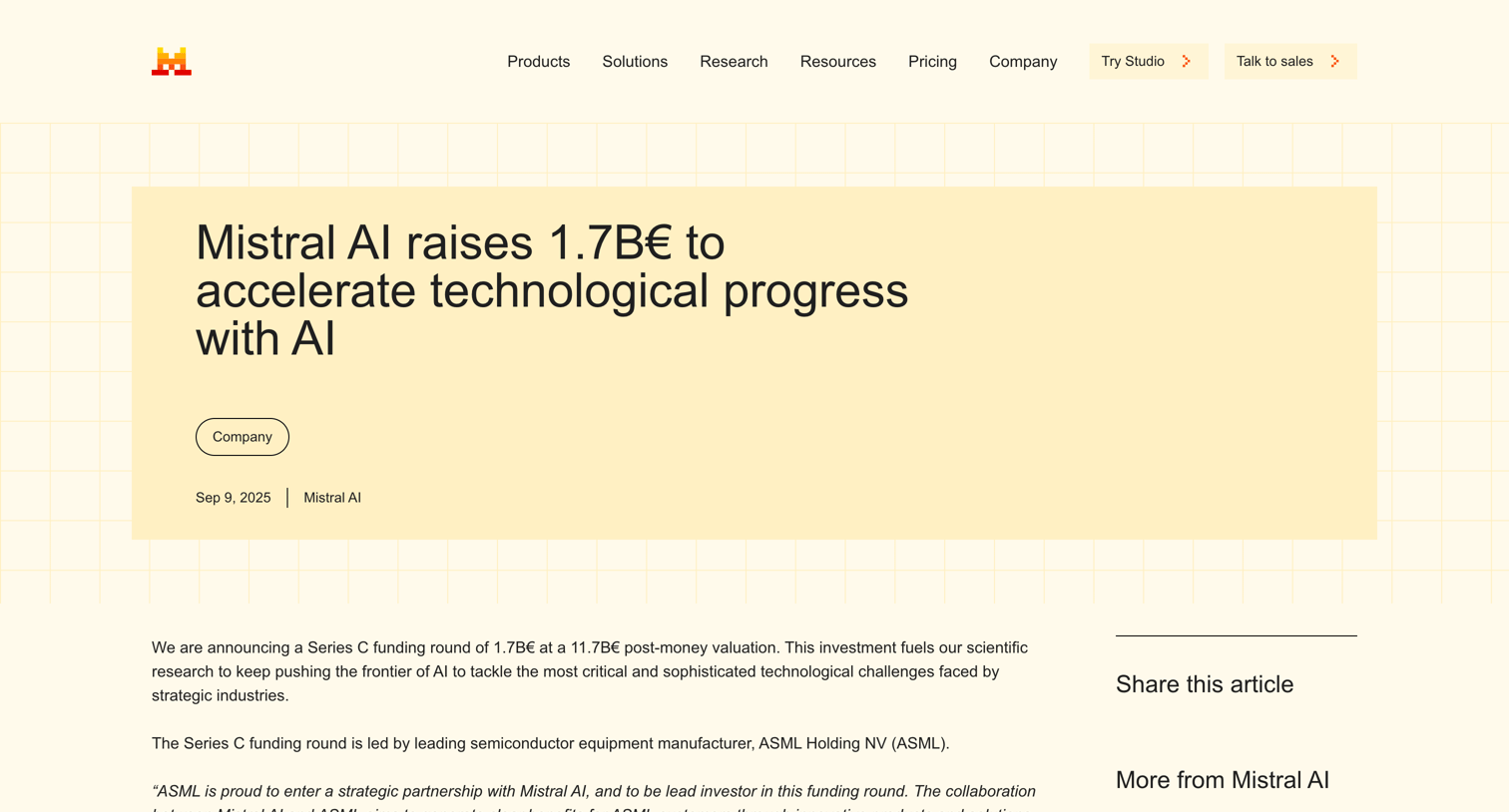 Mistral - Mistral AI raises 1.7B€ to accelerate technological progress with AI Mistral AI screen