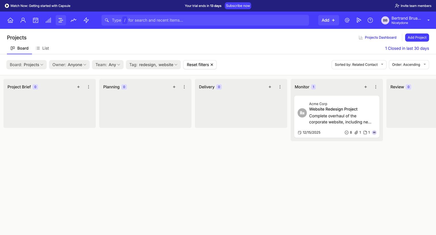 Capsule - Projects Board | Nicelydone CRM screen