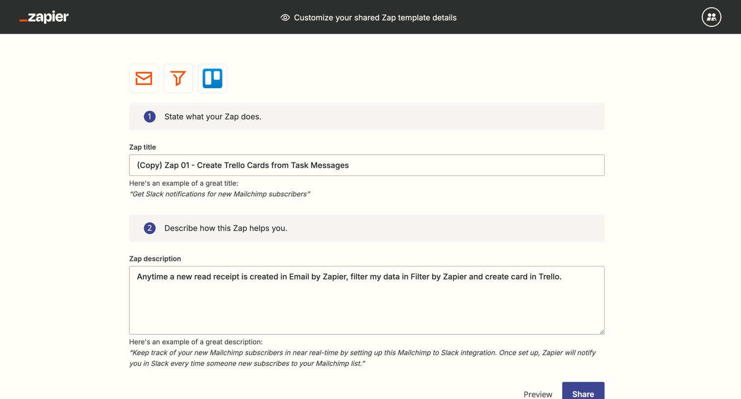 Zapier - Shared Zap | Zapier screen