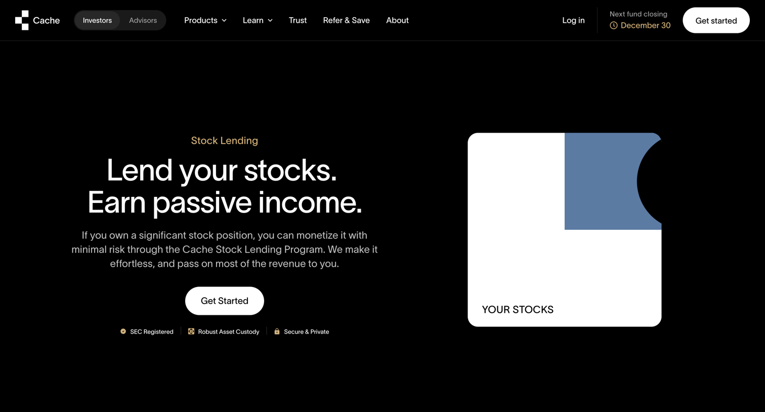 Cache - Stock Lending  Industry-Leading Payout Rates  Cache screen