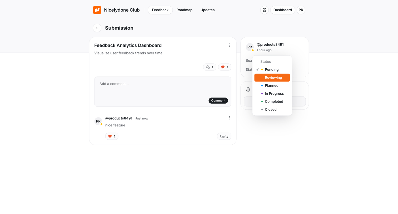 UserJot - Feedback Analytics Dashboard | Nicelydone Club screen