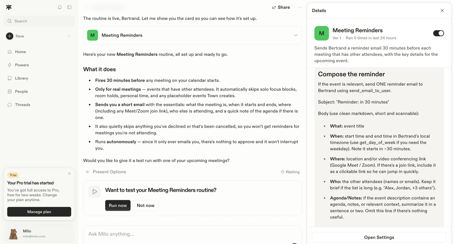 Town - Meeting Reminder Automation screen