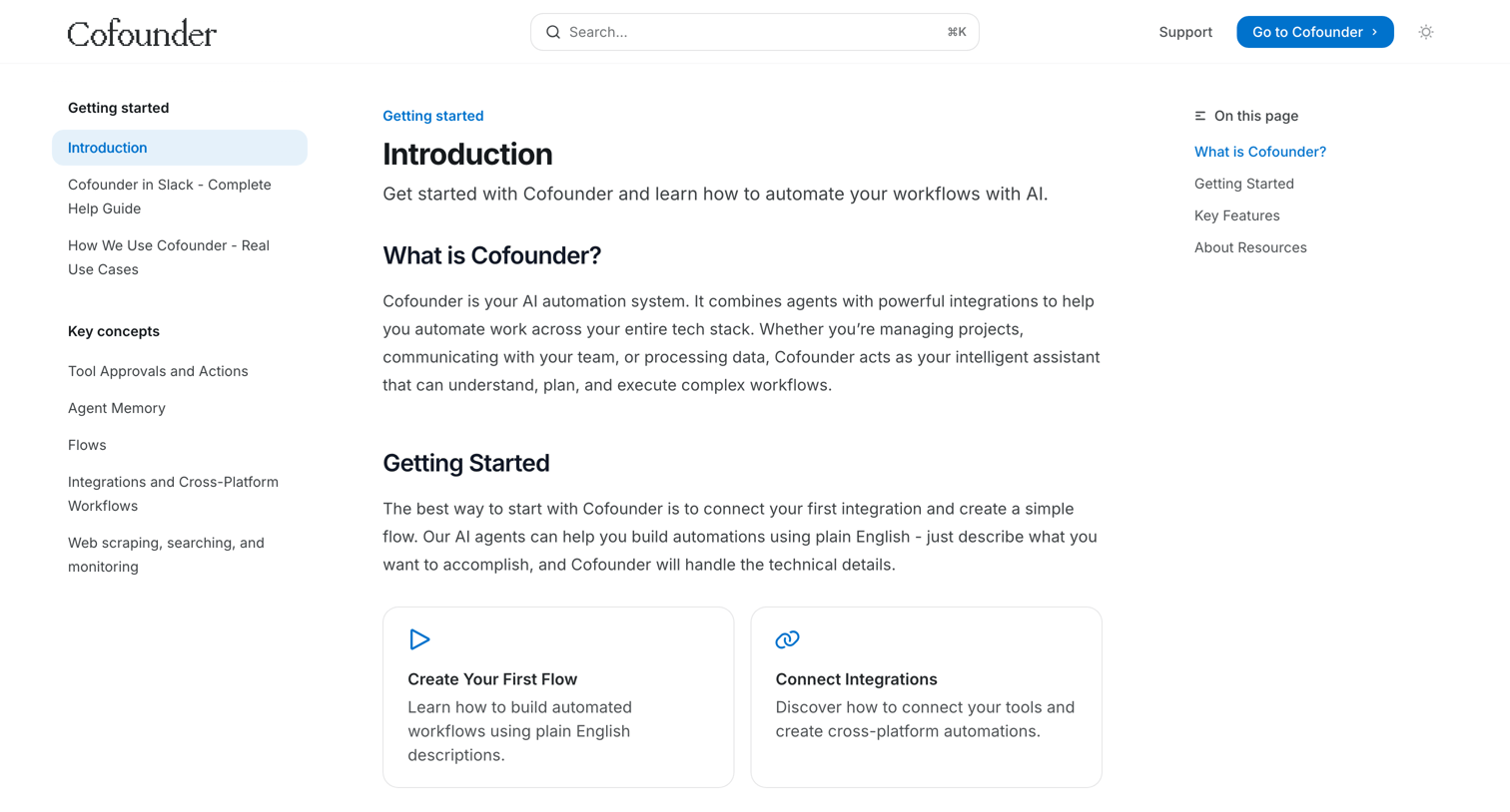 Cofounder - Introduction - Documentation screen