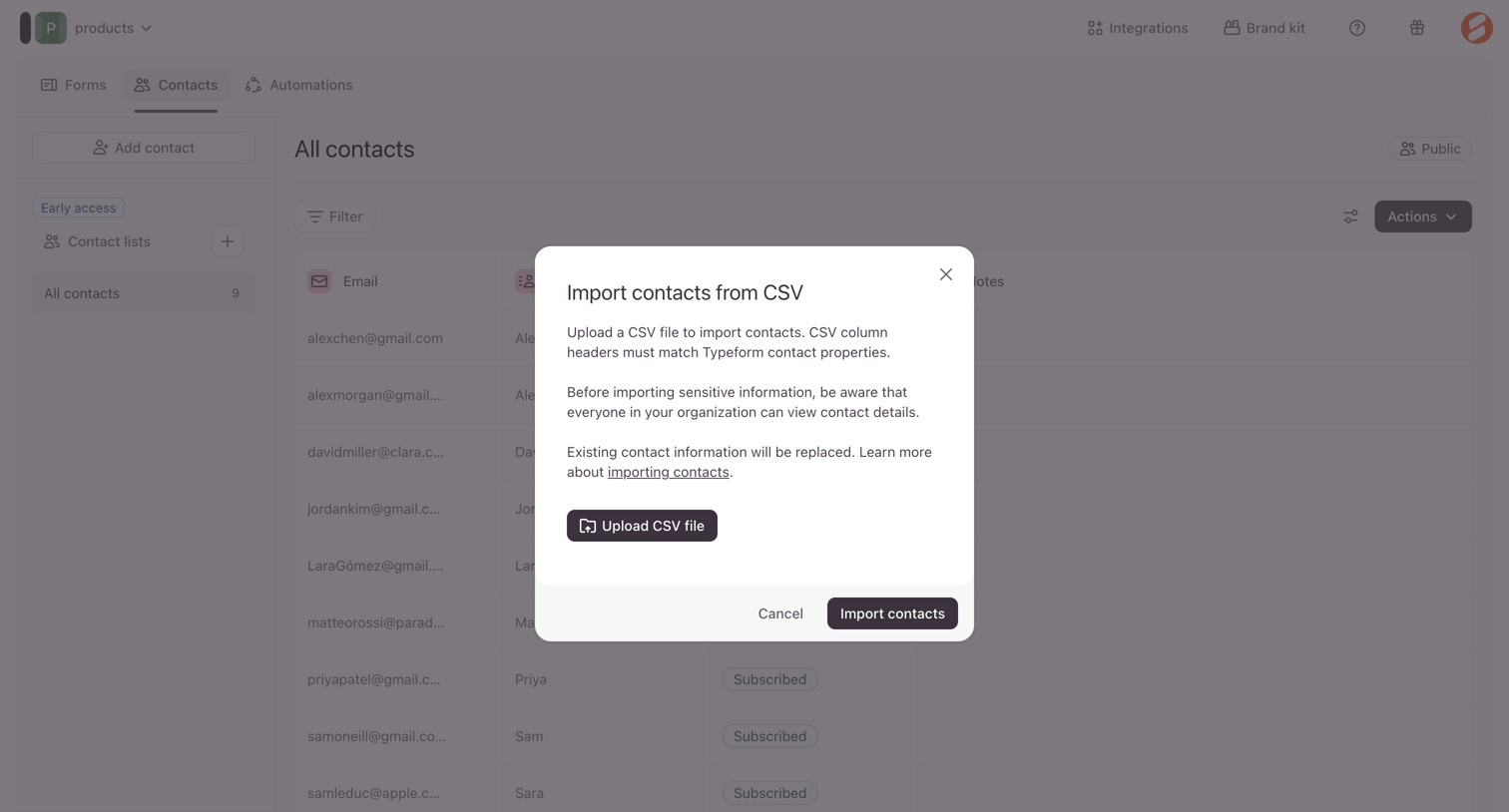 Typeform - Typeform - Contacts screen
