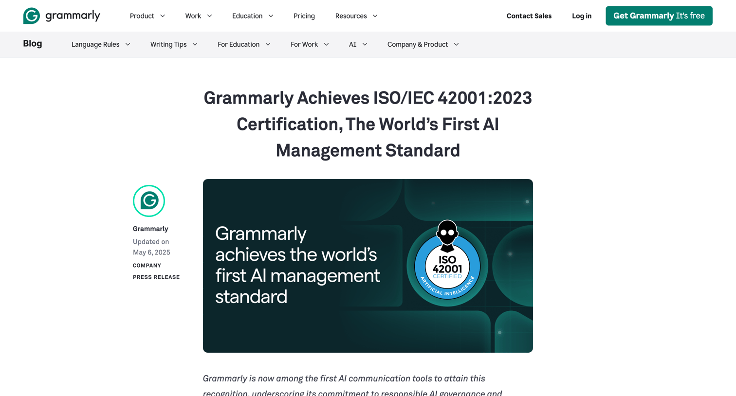 Grammarly - Grammarly Achieves ISOIEC 420012023 Certification, The World’s First AI Management Standard Grammarly screen