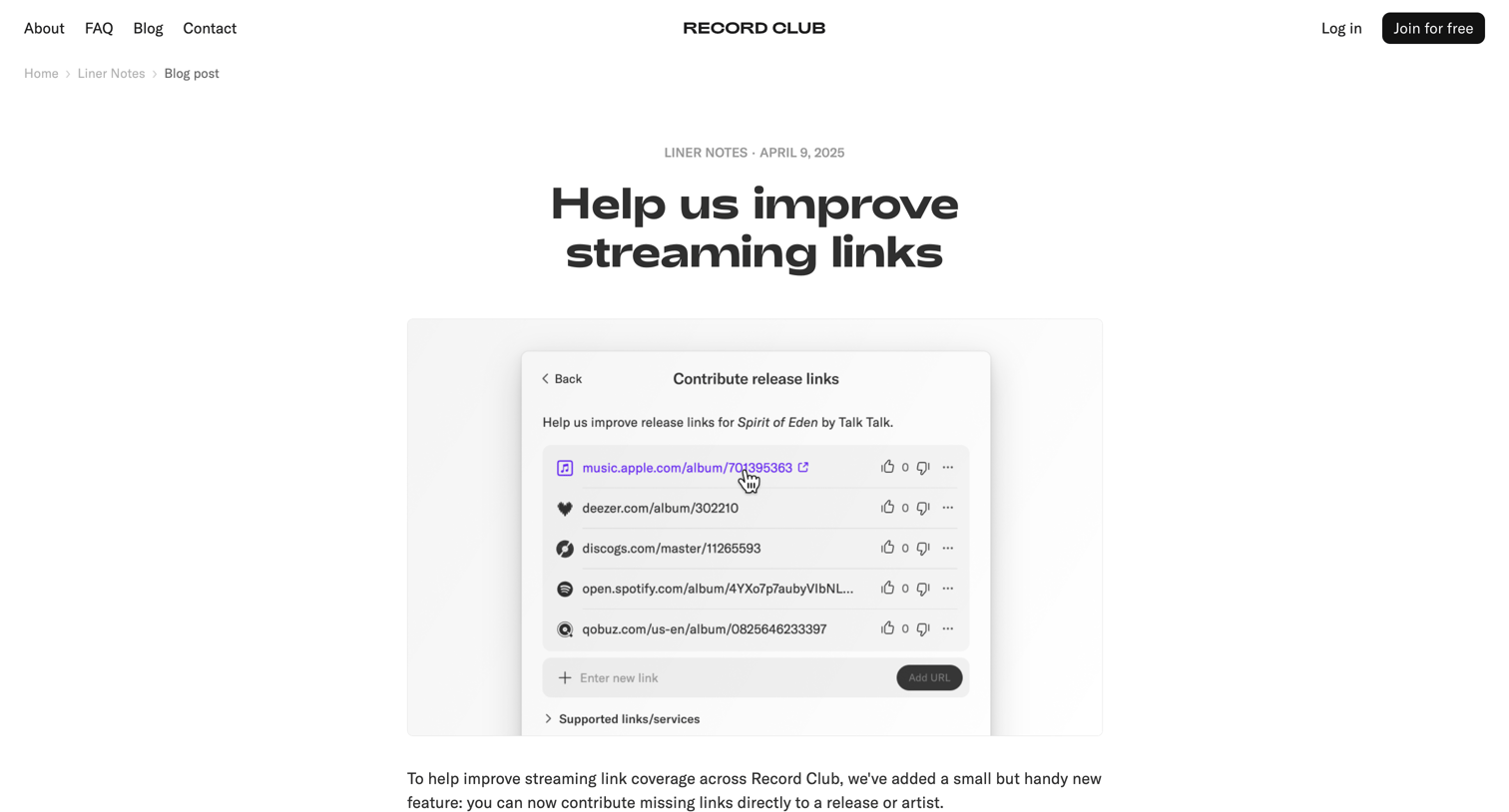Record club - Help us improve streaming links – Liner Notes – Record Club screen