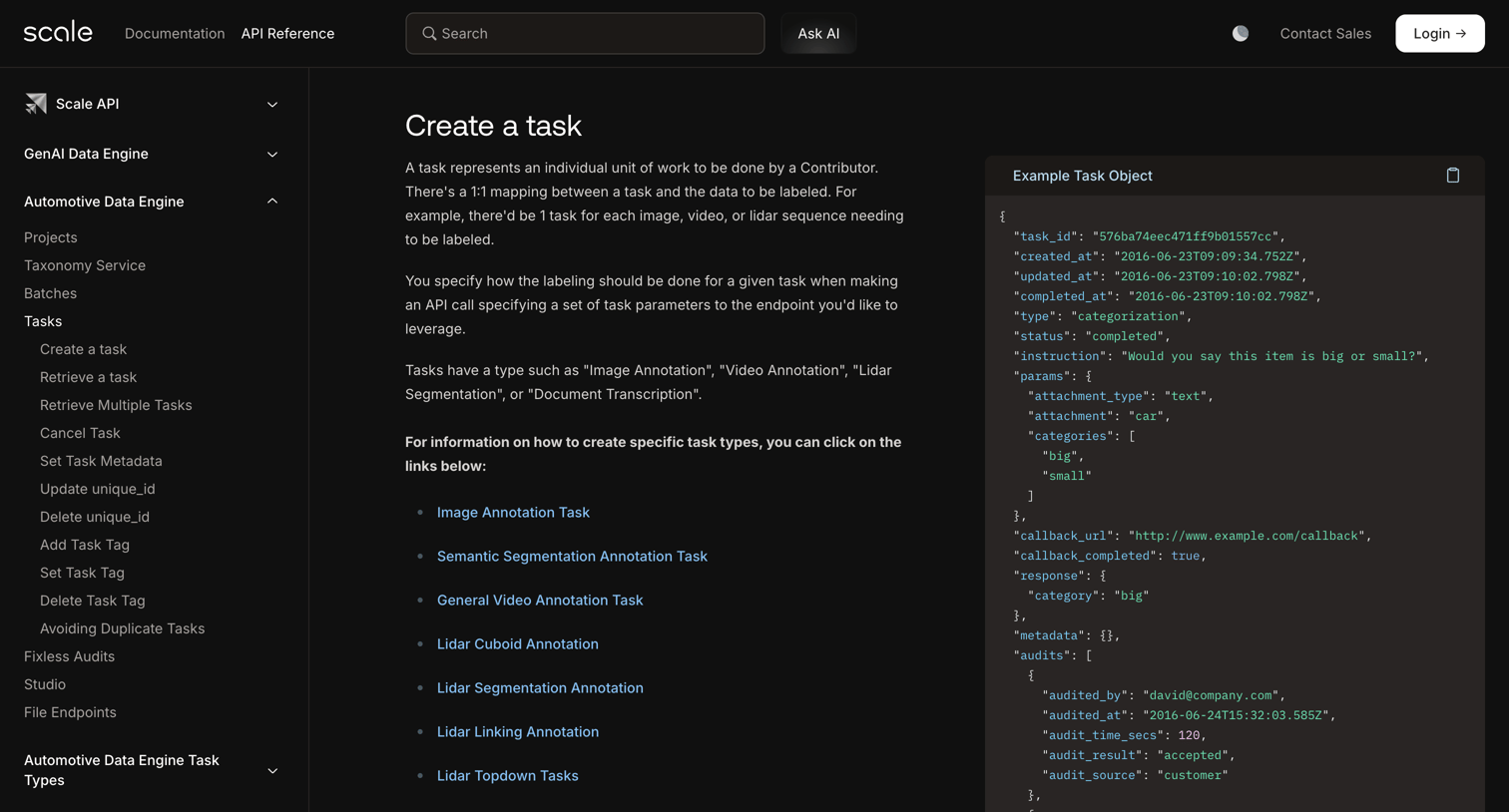 Scale - Tasks Scale.com API Reference screen