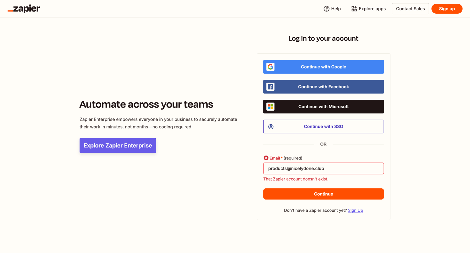 Zapier - Login | Zapier screen