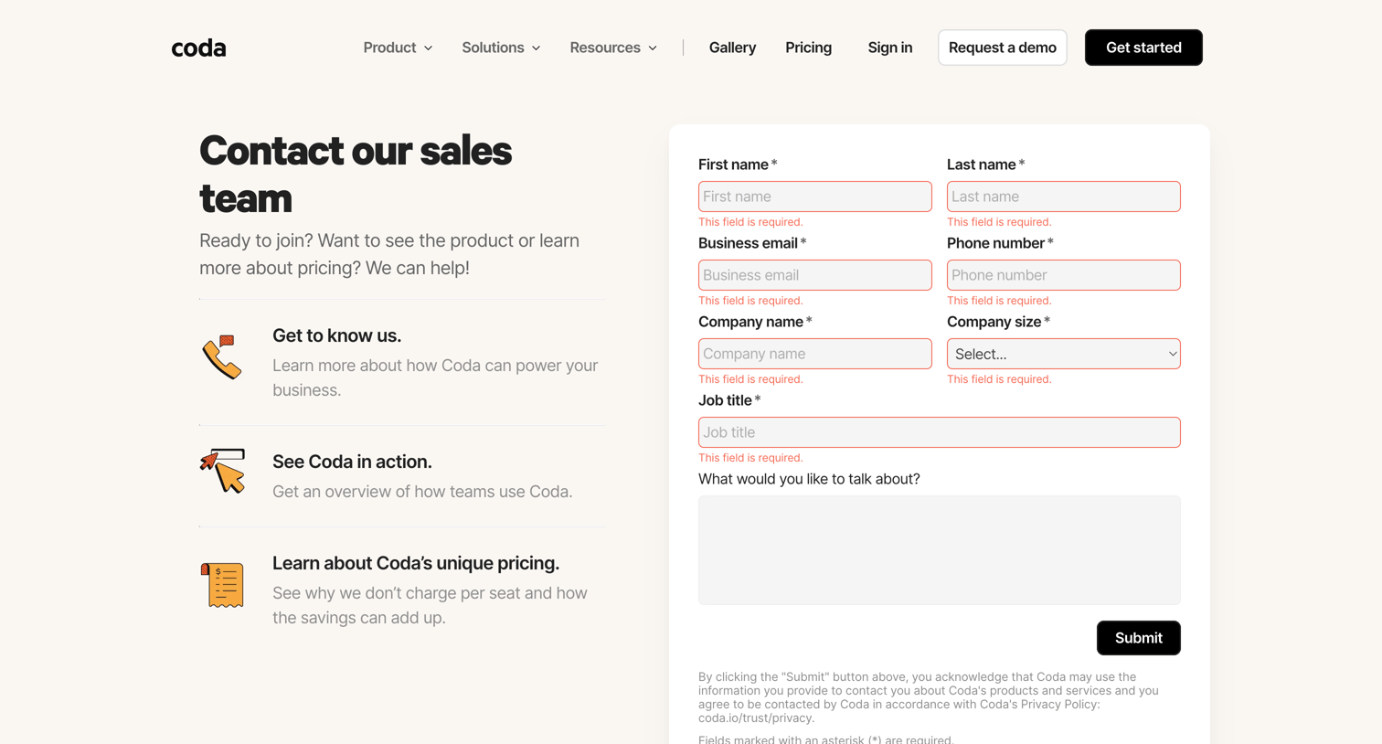 Coda - Coda | Contact sales, join the 25,000 teams using Coda screen