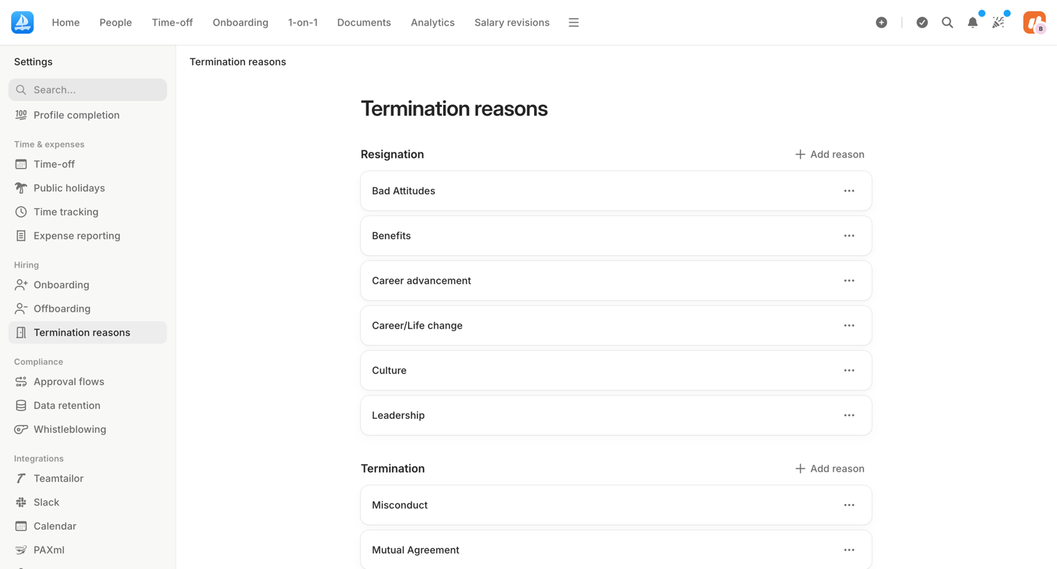 Aboard - Termination reasons | Settings | Aboard screen