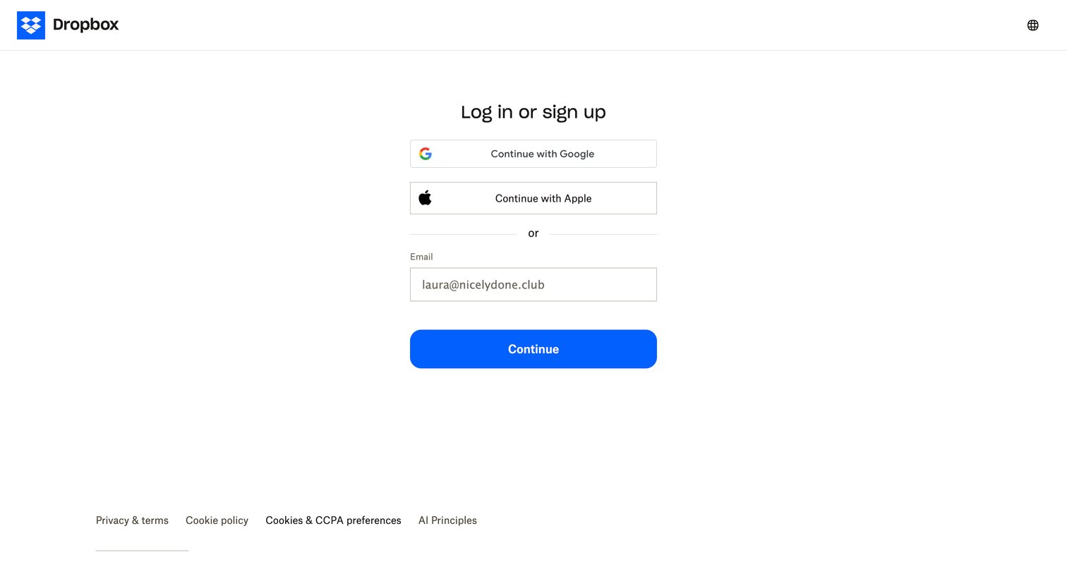 Dropbox - Login - Dropbox screen