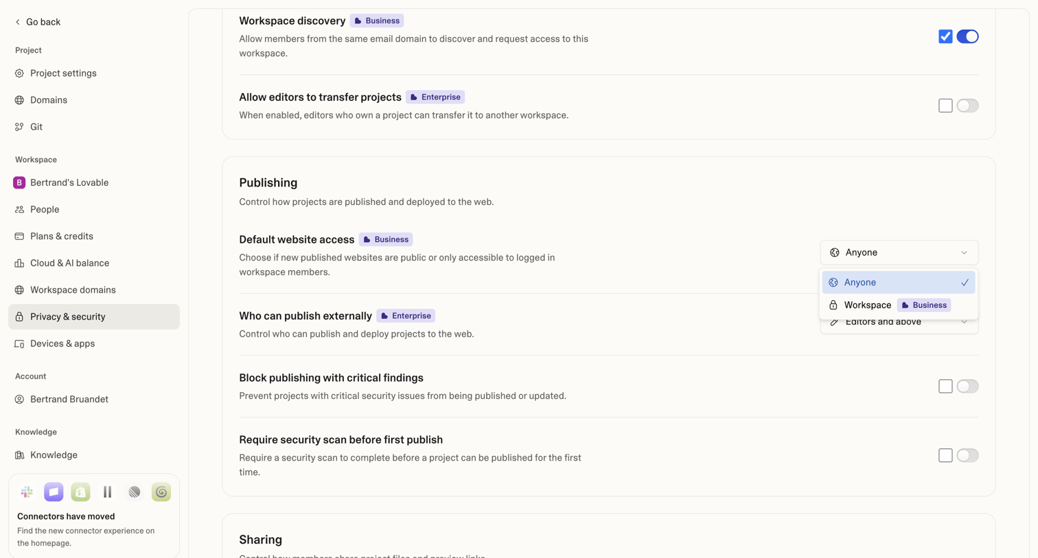 Lovable - Project settings - Lovable screen