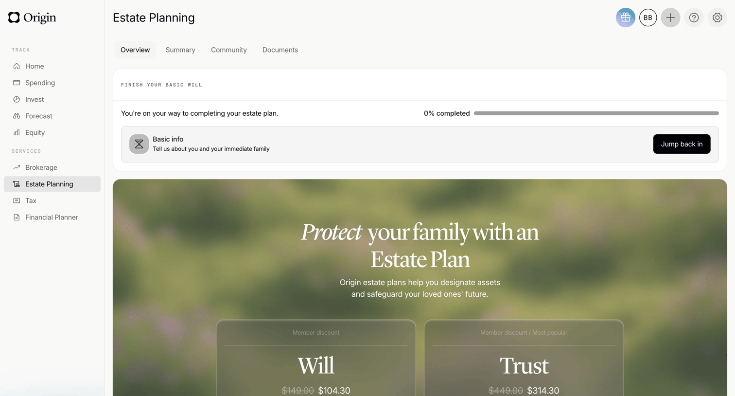 Origin Financial screen