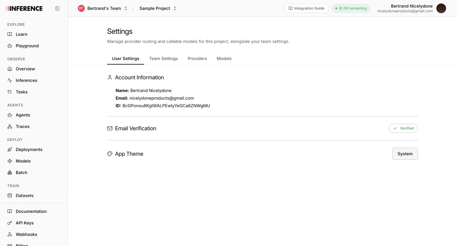 Inference - Settings | inference.net screen