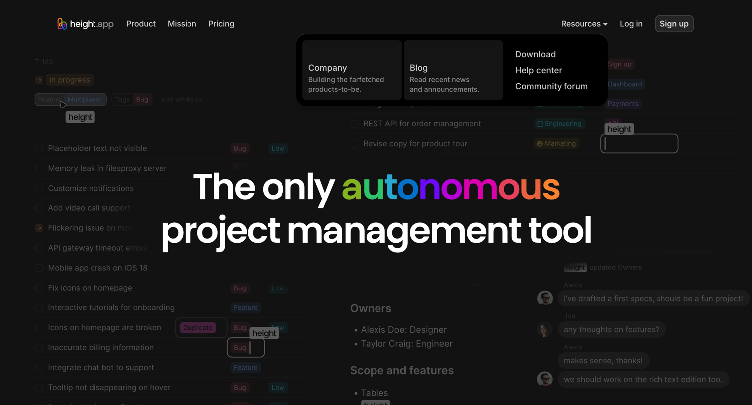 Height - Height The autonomous project management tool screen