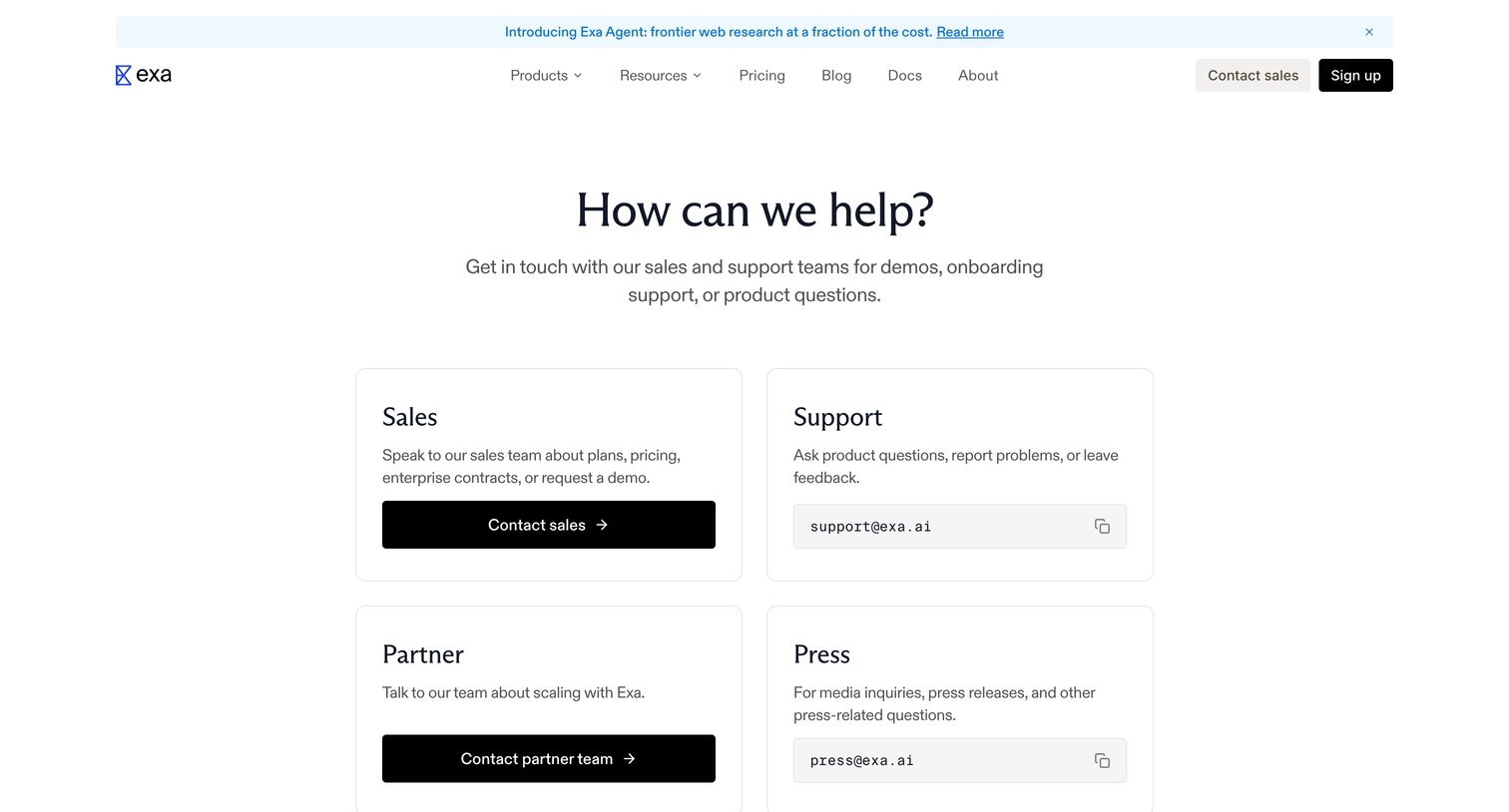 Exa - Contact Exa AI Your Enterprise AI Web Search Engine Support, Sales, & Press screen