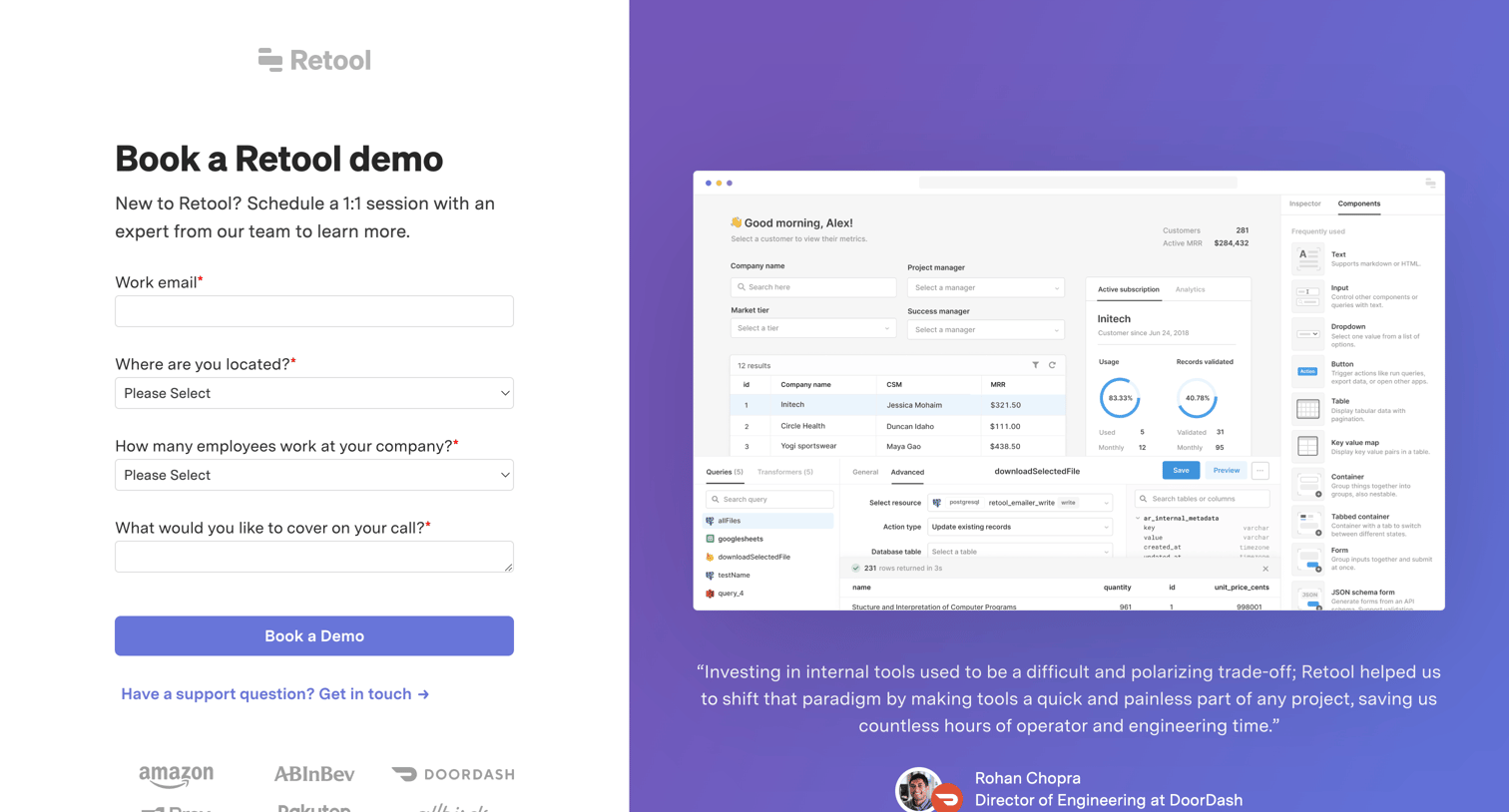 Retool - Book a Demo screen