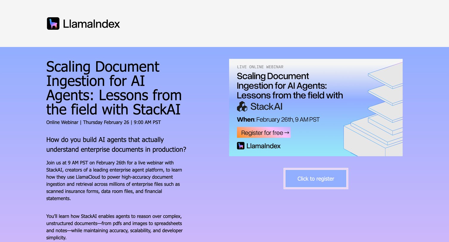 Llamaindex - Scaling Document Ingestion for AI Agents Lessons from the field with StackAI screen