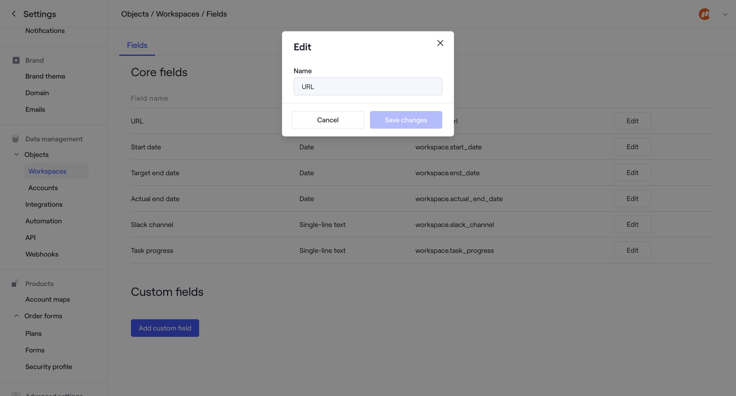 Dock - Objects · Workspaces · Fields screen