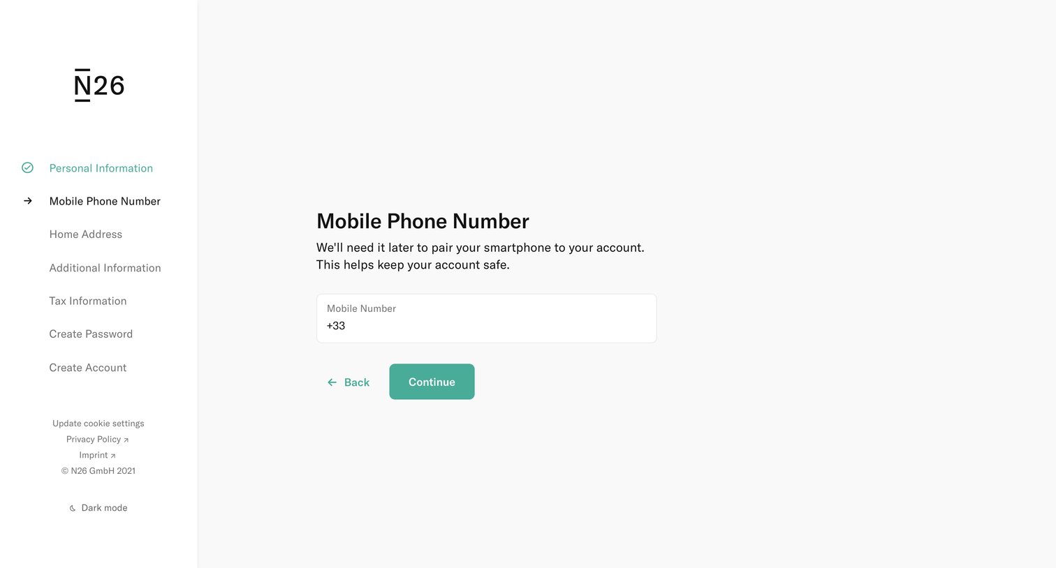 N26 - Mobile Phone Number — N26 screen