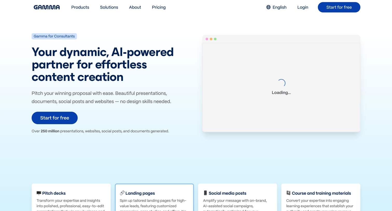 Gamma - Gamma for consultants | Build powerful client docs  decks with AI  Gamm screen
