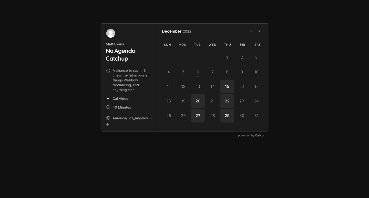 Cal.com - No Agenda Catchup | Matt Evans Cal.com screen