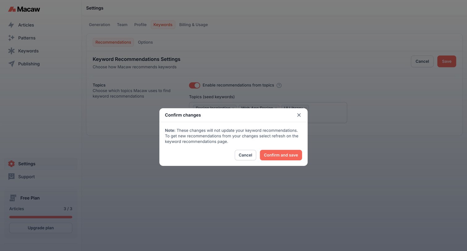 Macaw - Keywords Settings | Macaw screen