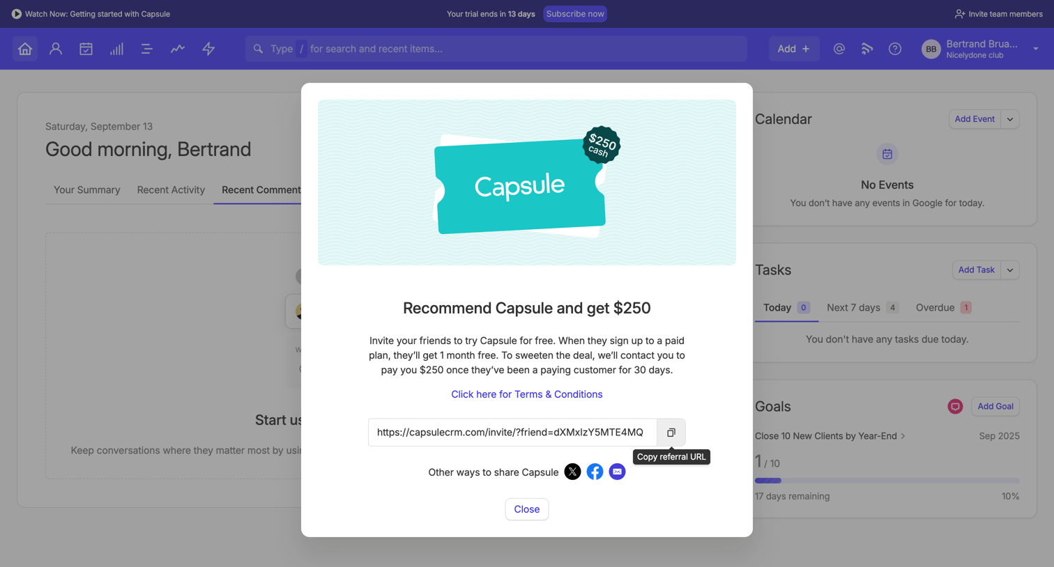 Capsule - Recent Comments | Nicelydone club CRM screen