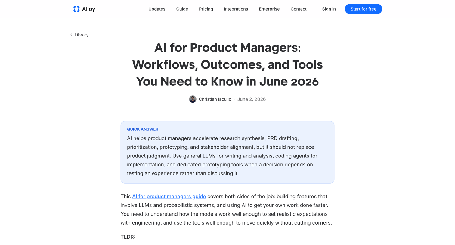 Alloy - AI for Product Managers: Workflows, Outcomes, and Tools You Need to Know in June 2026 screen