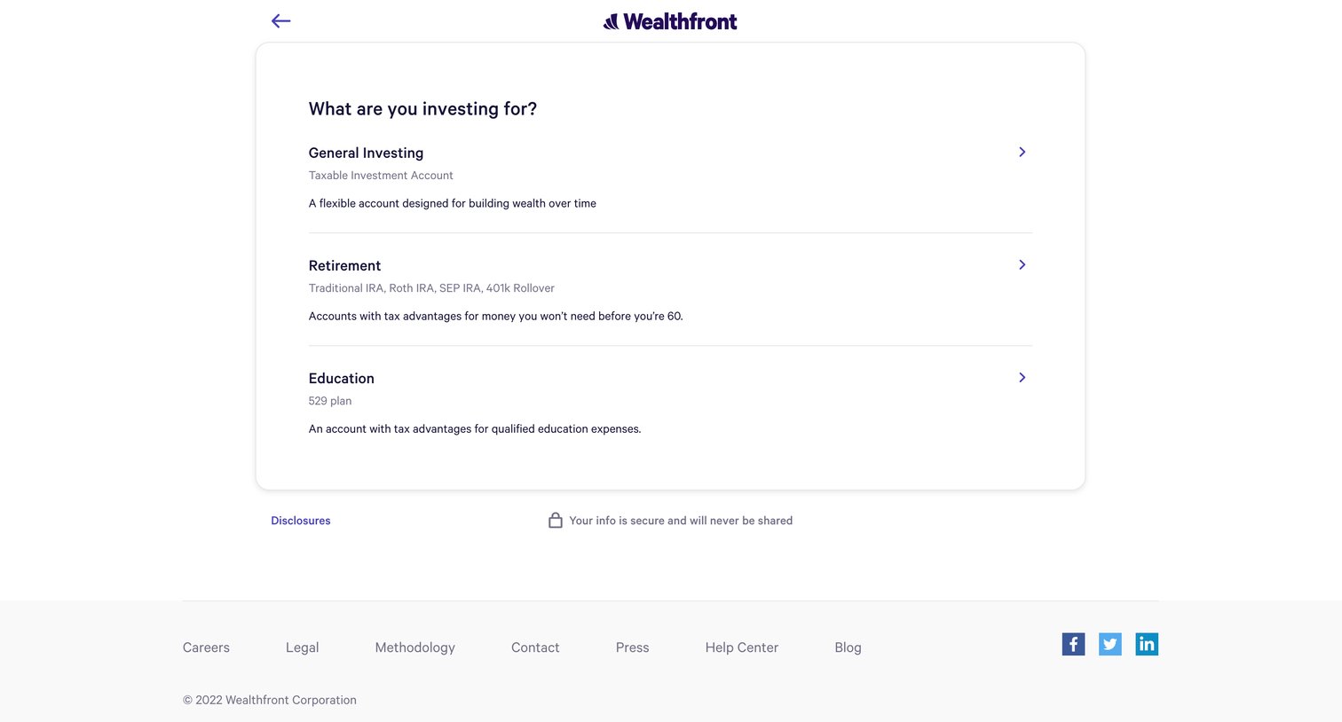 Wealthfront - What is your main investment goal - Open Account - Wealthfront screen